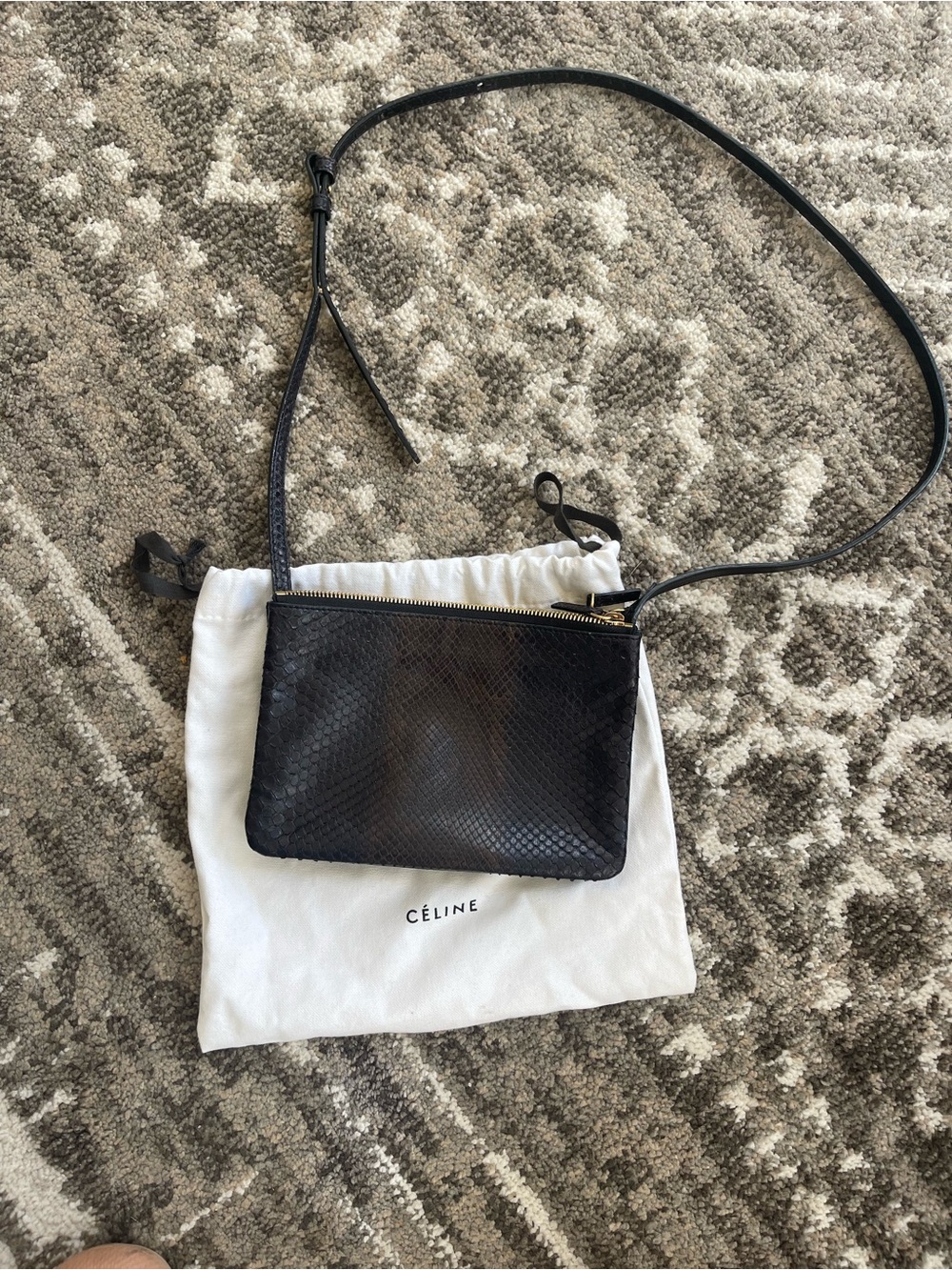 Celine Black Python Leather Crossbody Bag with Gold Zipper